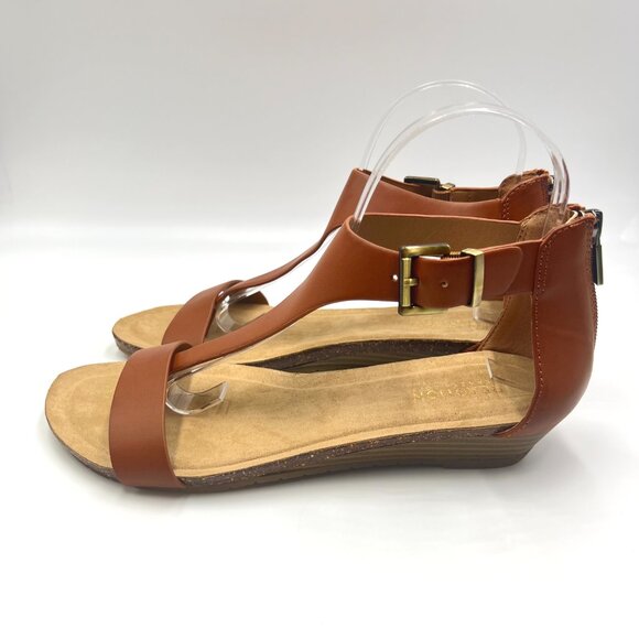 Kenneth Cole Reaction Size 7.5 Cognac Brown T-Strap Low‎ Wedges Sandals Shoes - Picture 6 of 13